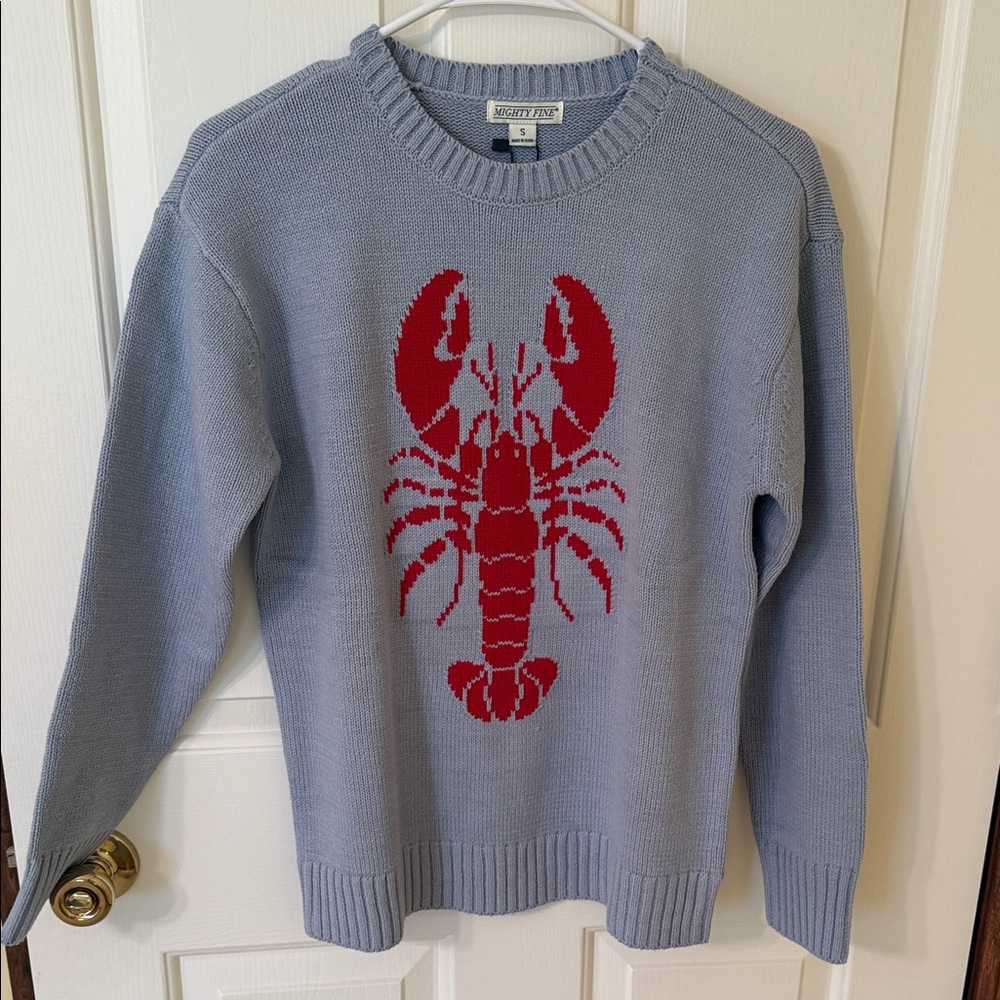 Mighty Fine Light Blue Crewneck Sweater with Red Lobster Motif